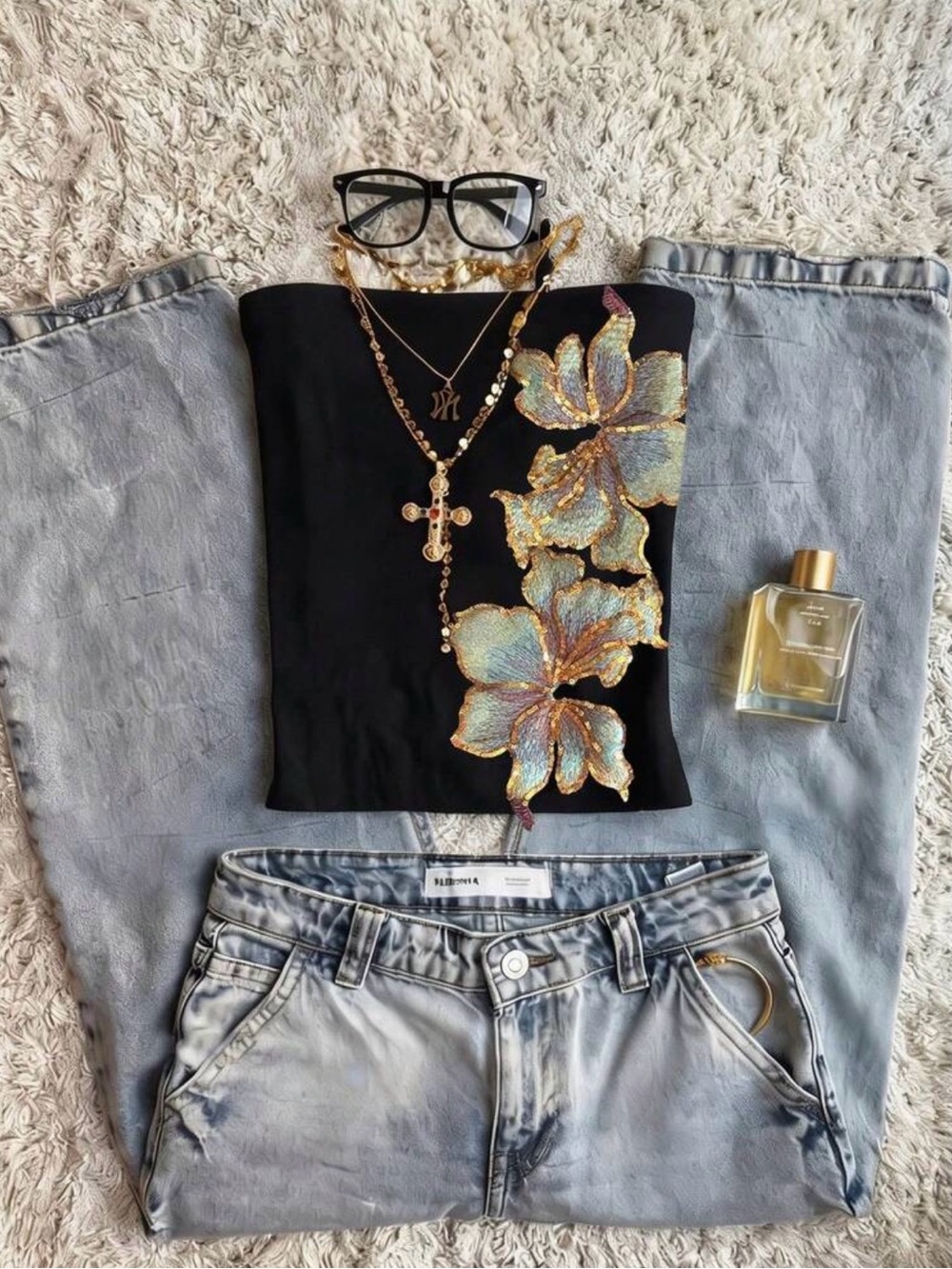 SHEIN Black Tube Top with Iridescent Gold & Blue Floral Appliqué